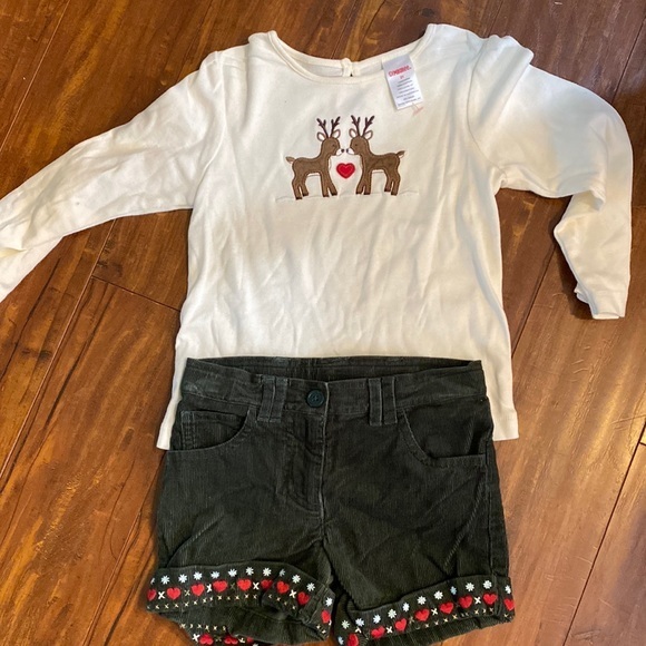 Gymboree 2 piece‎ reindeer corduroy green embroidered shorts set 3T